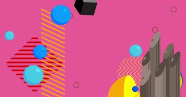 Yoğun, soyut geometrik şekiller. Çoklu renkli grafiksel retro tema arkaplan animasyonu. En az meşgul geometrik ögeler videosu.