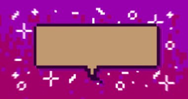 Geometrik arkaplanlı renkli Pixelated konuşma balonu animasyonu. Retro çizgi film videosu.