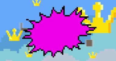 Geometrik arkaplanlı renkli Pixelated konuşma balonu animasyonu. Retro çizgi film videosu.