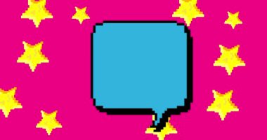 Geometrik arkaplanlı basit bir pixelated konuşma kabarcığı animasyonu. Retro çizgi film videosu.