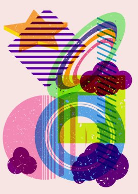 Renkli geometrik şekiller. Moda riso grafik tasarımlı nesne. Geometri ögeleri soyut risograf baskı desen biçimi.