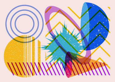 Renkli geometrik şekiller. Moda riso grafik tasarımlı nesne. Geometri ögeleri soyut risograf baskı desen biçimi.