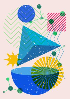 Renkli geometrik şekiller. Moda riso grafik tasarımlı nesne. Geometri ögeleri soyut risograf baskı desen biçimi.