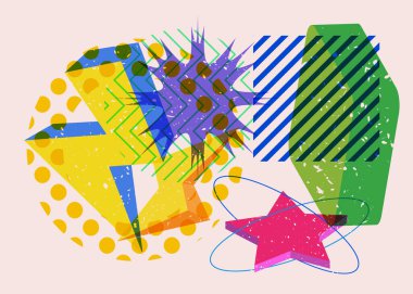 Renkli geometrik şekiller. Moda riso grafik tasarımlı nesne. Geometri ögeleri soyut risograf baskı desen biçimi.