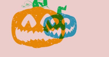 Risograph Halloween, Jack O 'Lantern balkabağı geometrik şekilli animasyon. Moda riso grafik tasarım videosunda nesne taşınıyor.