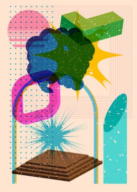 Geometrik şekilli Risograph konuşma balonu. Geometri elemanları ile modayı gösteren riso grafik desen tasarımı nesneleri.