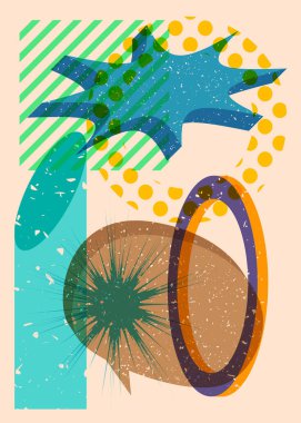 Geometrik şekilli Risograph konuşma balonu. Geometri elemanları ile modayı gösteren riso grafik desen tasarımı nesneleri.