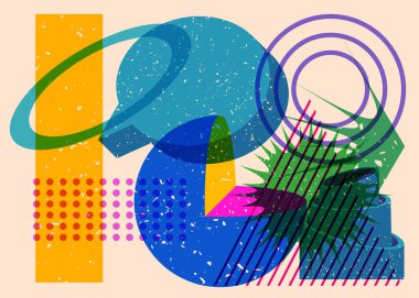 Geometrik şekilli Risograph konuşma balonu. Geometri elemanları ile modayı gösteren riso grafik desen tasarımı nesneleri.