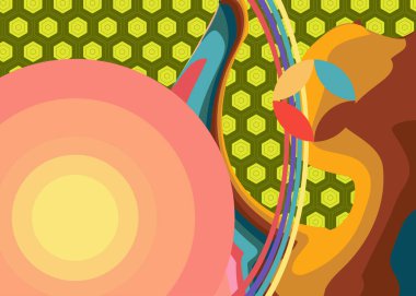 Geçmişe dönük 70 'ler. Harika 1970 'lerin soyut sanat şablonu. Minimalist çizgili tasarım posteri. Eski moda gökkuşağı renkli sanat eserleri.