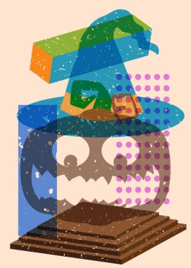 Geometrik şekilli Risograph Cadılar Bayramı Balkabağı ve Cadı Şapkası. Geometri elemanları ile modayı gösteren riso grafik desen tasarımı nesneleri.