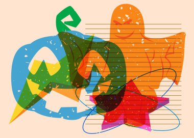 Geometrik şekilli balkabağı ve hayalet risografisi. Geometri elemanları ile modayı gösteren riso grafik desen tasarımı nesneleri.