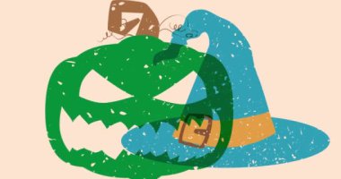 Risograph Halloween Jack O 'Lantern Balkabağı ve Cadı Şapkası geometrik şekilli animasyon. Moda riso grafik tasarım videosunda nesne taşınıyor.