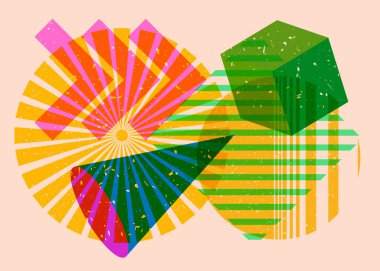 Yoğun renkli geometrik şekiller. Moda riso grafik tasarımlı nesne. Geometri ögeleri soyut risograf baskı desen biçimi.