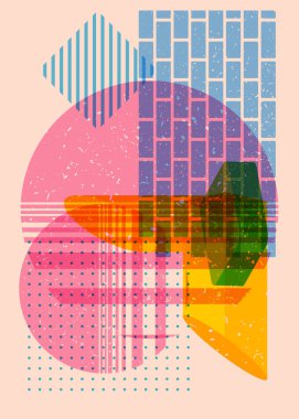 Yoğun renkli geometrik şekiller. Moda riso grafik tasarımlı nesne. Geometri ögeleri soyut risograf baskı desen biçimi.