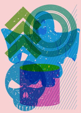 Risograph Skull ve geometrik şekilli hayalet. Geometri elementleri ile moda riso grafik desen tasarımı Cadılar Bayramı nesneleri.