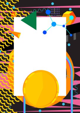 Metin için yeri olan renkli geometrik grafik retro teması. Minimum geometrik elementler çerçevesi. Reklam için klasik soyut şekiller vektör illüstrasyonuName.