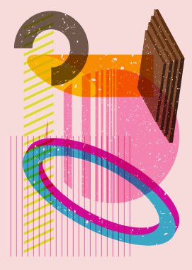 Renkli geometrik şekiller. Moda riso grafik tasarımlı nesne. Geometri ögeleri soyut risograf baskı desen biçimi.