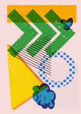 Renkli geometrik şekiller. Moda riso grafik tasarımlı nesne. Geometri ögeleri soyut risograf baskı desen biçimi.