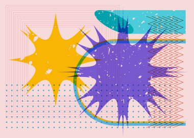 Renkli geometrik şekiller. Moda riso grafik tasarımlı nesne. Geometri ögeleri soyut risograf baskı desen biçimi.