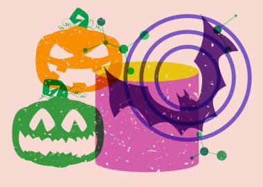 Risograph Jack O 'Lantern ve geometrik şekilli yarasa. Geometri elementleri ile moda riso grafik desen tasarımı Cadılar Bayramı nesneleri.