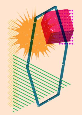 Renkli geometrik şekiller. Moda riso grafik tasarımlı nesne. Geometri ögeleri soyut risograf baskı desen biçimi.