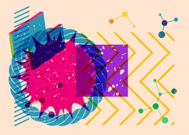 Renkli geometrik şekiller. Moda riso grafik tasarımlı nesne. Geometri ögeleri soyut risograf baskı desen biçimi.