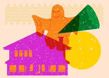 Risograph Cadılar Bayramı Hayaleti ve geometrik şekilli House. Geometri elemanları ile modayı gösteren riso grafik desen tasarımı nesneleri.