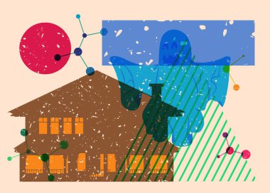 Risograph Cadılar Bayramı Hayaleti ve geometrik şekilli House. Geometri elemanları ile modayı gösteren riso grafik desen tasarımı nesneleri.