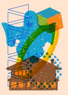 Risograph Cadılar Bayramı Hayaleti ve geometrik şekilli House. Geometri elemanları ile modayı gösteren riso grafik desen tasarımı nesneleri.