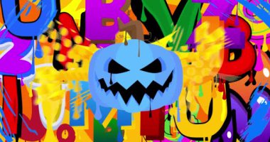 Cadılar Bayramı Jack O 'Lantern Graffiti animasyonu. Soyut modern Holiday balkabağı sokak sanat video dekorasyonu şehir boyama tarzında gerçekleştirildi.