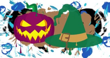 Cadı Şapkası ve Jack O 'Lantern Graffiti etiket animasyonu. Soyut modern sokak sanatı video dekorasyonu şehir boyama tarzında gerçekleştirildi.