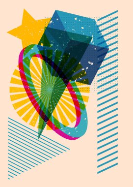 Renkli geometrik şekiller. Moda riso grafik tasarımlı nesne. Geometri ögeleri soyut risograf baskı desen biçimi.