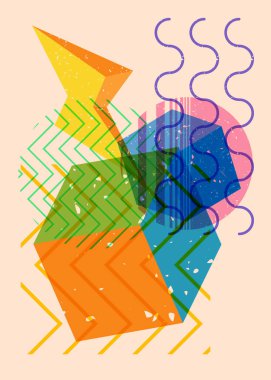 Renkli geometrik şekiller. Moda riso grafik tasarımlı nesne. Geometri ögeleri soyut risograf baskı desen biçimi.