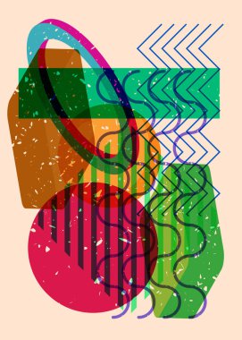 Renkli geometrik şekiller. Moda riso grafik tasarımlı nesne. Geometri ögeleri soyut risograf baskı desen biçimi.