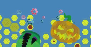 Jack O 'Lantern ile 70' lerin gerideki animasyonları. 1970 'lerin Cadılar Bayramı balkabağı sanat videosu. Minimalist Vintage tasarımı, eski moda renk çizimi.