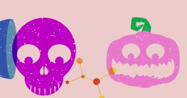 Risograph Jack O 'Lantern ve kafatası geometrik şekilli animasyon. Moda riso grafik tasarım videosundaki Cadılar Bayramı Hareketli nesnesi.