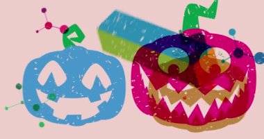 Geometrik şekilli Cadılar Bayramı balkabağı Risograph animasyonu. Modaya uygun riso grafik tasarım videosunda Jack O 'Lantern ve hareket eden nesne.