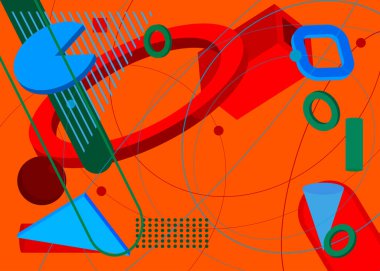 Yoğun geometrik elementler poster tasarımı. Çok renkli geometrik grafik retro tema kapağı. Poster pankartı için klasik soyut şekiller şablonu.