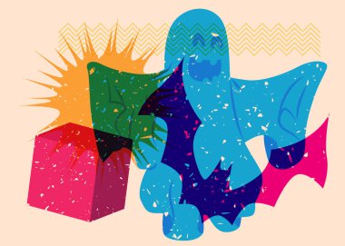 Geometrik şekilli Cadılar Bayramı Yarasası ve Hayaleti Risograph. Geometri elemanları ile modayı gösteren riso grafik desen tasarımı nesneleri.