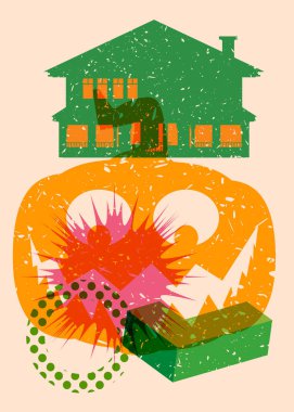 Risograph Cadılar Bayramı Balkabağı ve geometrik şekilli ev. Geometri elemanları ile modayı gösteren riso grafik desen tasarımı nesneleri.