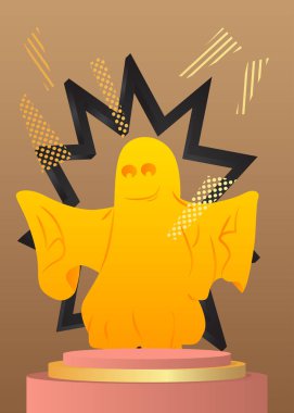 Ghost 'la birlikte ürün tasarımı. Vektör silindirli kaide podyumu. En düşük geometrik formlarla Cadılar Bayramı sunumu için sahne gösterisi.