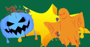 Cadılar Bayramı Jack O 'Lantern ve Hayalet Duvar Yazısı animasyonu. Soyut modern sokak sanatı video dekorasyonu şehir boyama tarzında gerçekleştirildi.