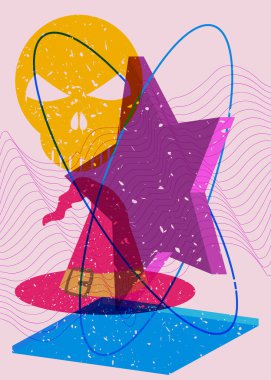 Geometrik şekilli Risograph Cadı Şapkası ve Kafatası. Geometri elemanları ile modayı gösteren riso grafik desen tasarımı nesneleri.
