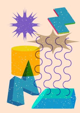 Renkli geometrik şekiller. Moda riso grafik tasarımlı nesne. Geometri ögeleri soyut risograf baskı desen biçimi.