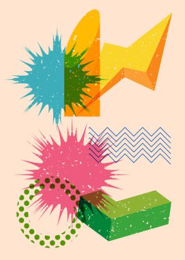 Renkli geometrik şekiller. Moda riso grafik tasarımlı nesne. Geometri ögeleri soyut risograf baskı desen biçimi.