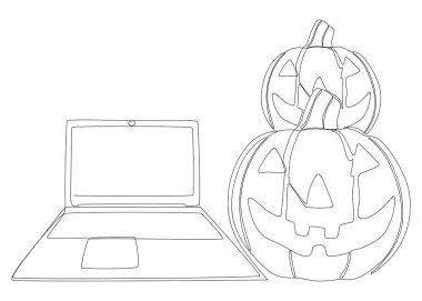 Cadılar Bayramı balkabaklı bir dizüstü bilgisayar hattı. İnce Çizgi Çizimi Vektör Konsepti. Jack O 'Lantern ve Not Defteri Yarışması Yaratıcı fikirler çiziyor.