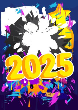 2025 Graffiti etiketi. Soyut modern sokak sanatı dekorasyonu kentsel resim tarzında gerçekleştirildi.