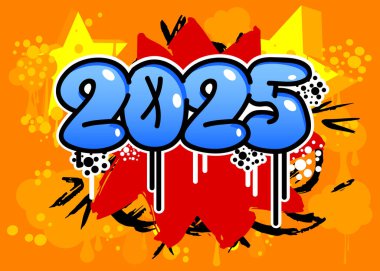 2025 Graffiti etiketi. Soyut modern sokak sanatı dekorasyonu kentsel resim tarzında gerçekleştirildi.