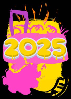 2025 Graffiti etiketi. Soyut modern sokak sanatı dekorasyonu kentsel resim tarzında gerçekleştirildi.