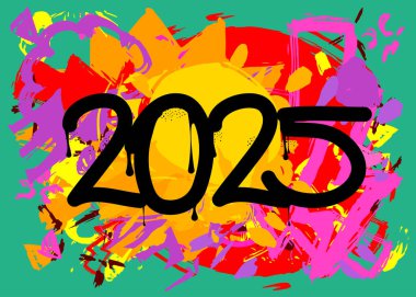 2025 Graffiti etiketi. Soyut modern sokak sanatı dekorasyonu kentsel resim tarzında gerçekleştirildi.